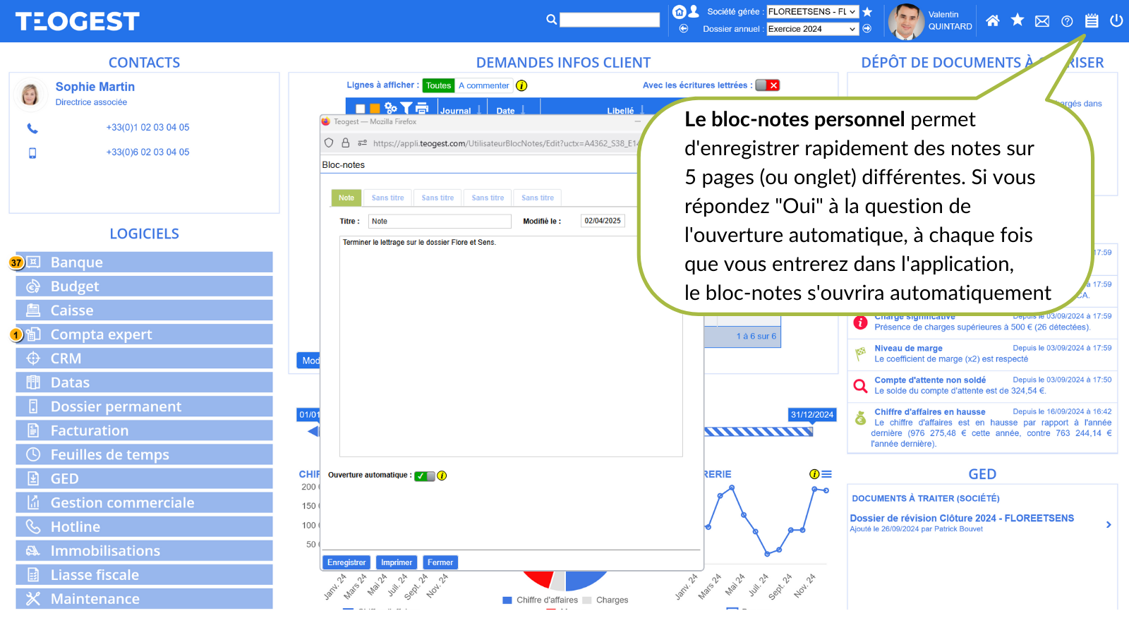 Detail de la barre dentete  blocnotes personnel ouvrable automatiquement a la connexion